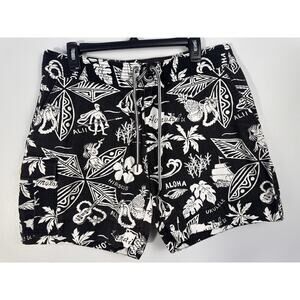 Polo Ralph Lauren Y2K Men 34 Hawaiian Aloha Shorts Black White surf Island Print